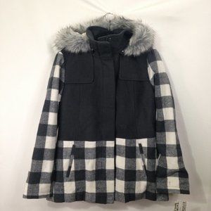 Celebrity Pink Juniors Plaid Wool Coat with Hood, Shadow Gray